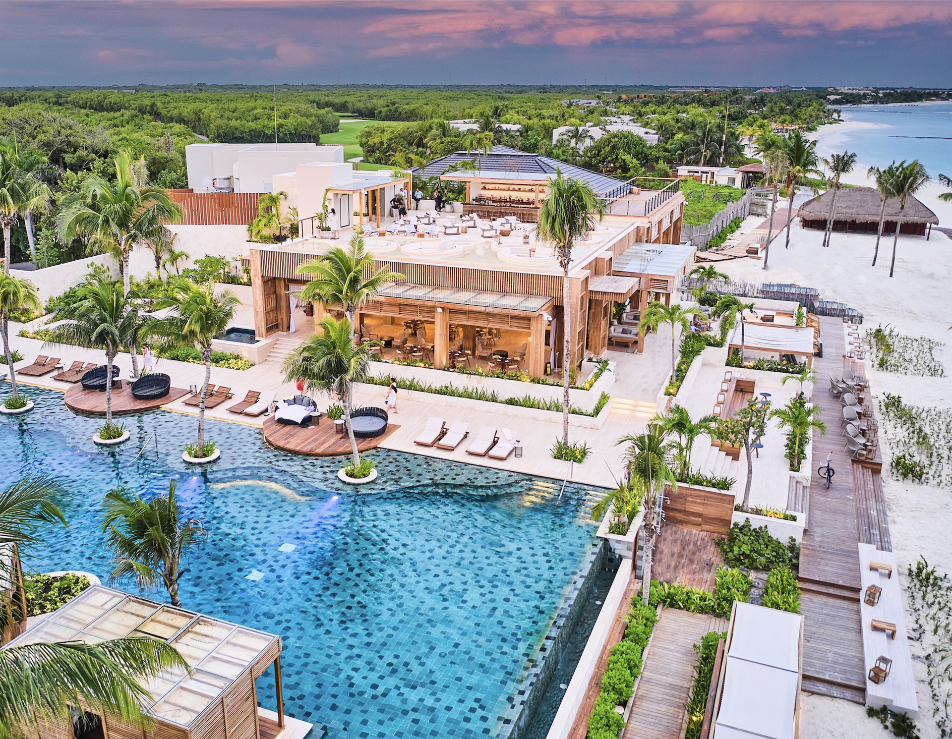 Aerial view of Fairmont Mayakoba resort hotel.