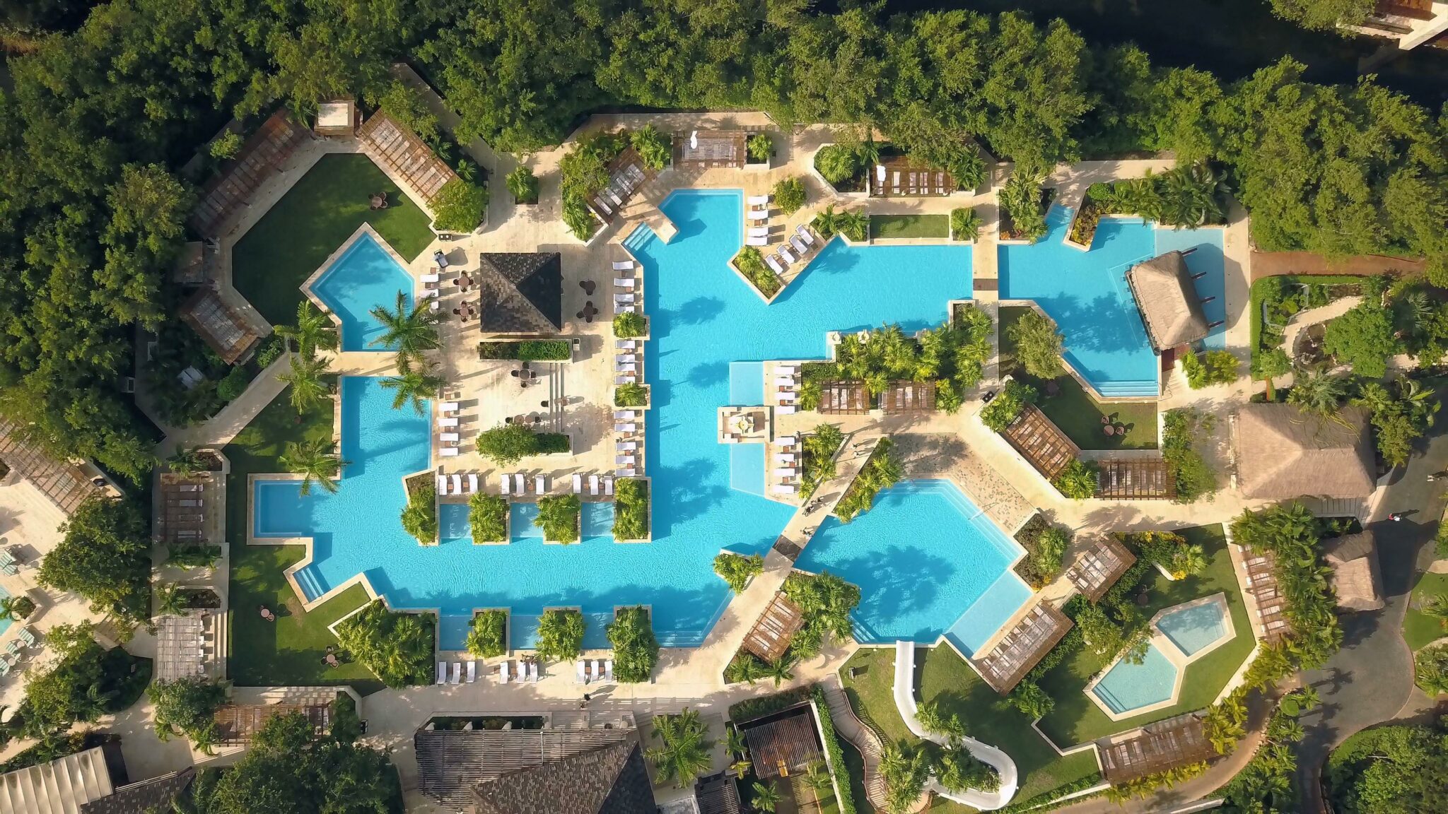An aerial view of the swimming pools at Fairmont Mayakoba